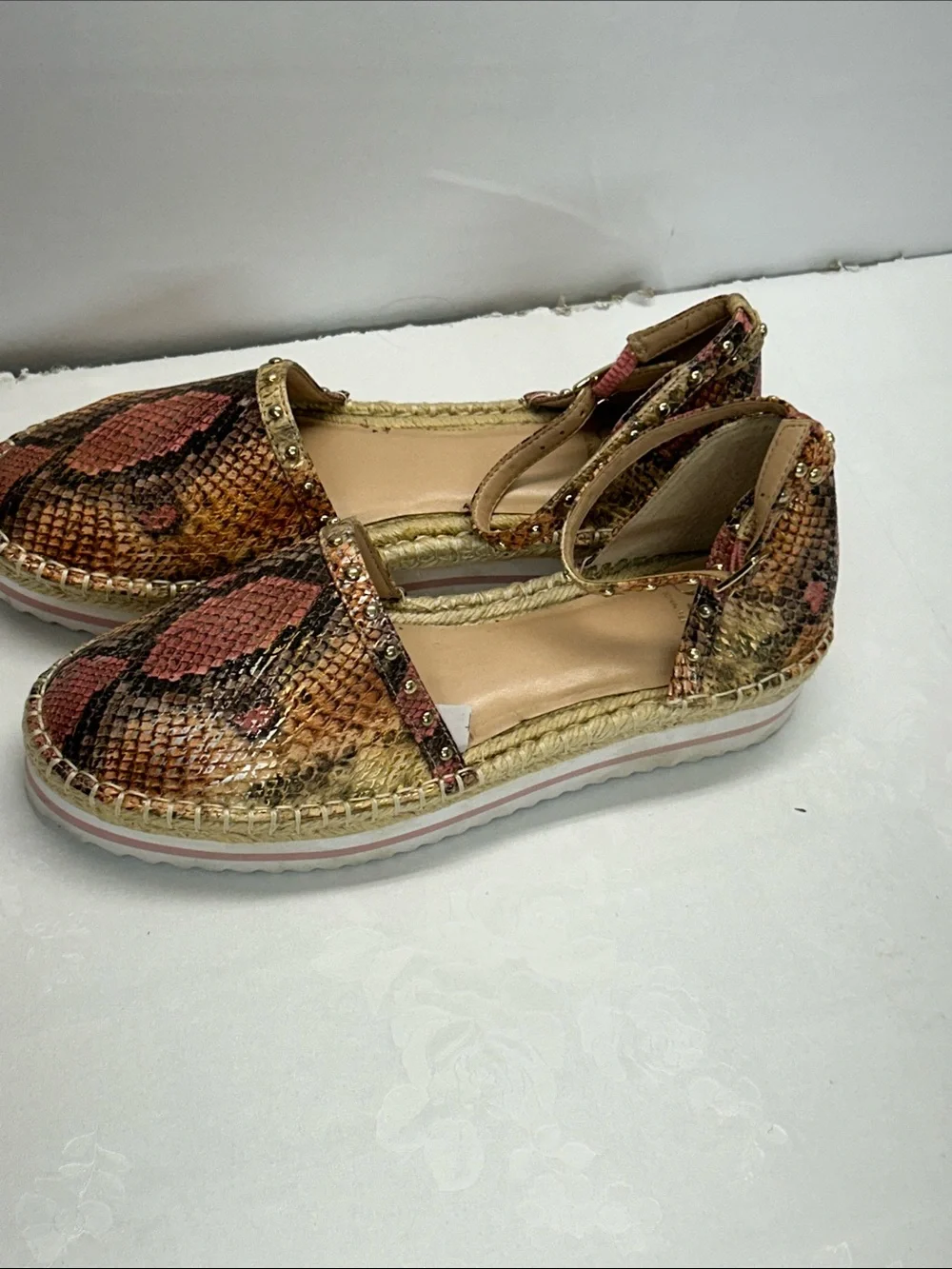 Women's Pink Snake-Print Espadrille Sandals with Ankle Strap
